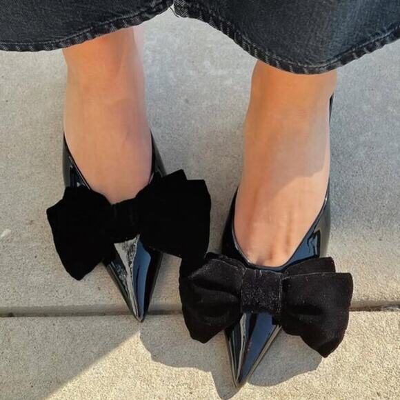Zara Shoes - Zara Black Patent Bow Mule Heels NWT Pointed Toe Kitten Heel Slip On Size 6.5
